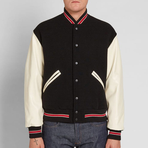 Veste varsity noire pour homme avec manches en PU crème, col rabattu, fermeture à boutons, vêtement décontracté pour l'automne - Product Image 1