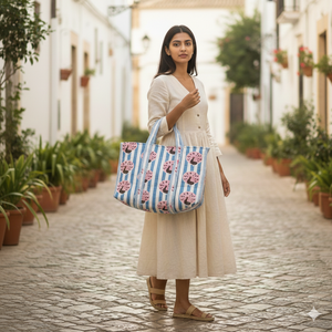 Sac fourre-tout en coton matelassé à rayures bleues et imprimé paon, avec longues poignées d'épaule, grande capacité, pliable, réutilisable, pour femmes, shopping, voyage - Product Image 2