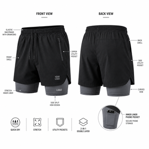 Men's Athletic Shorts With Compression Inner Liner Quick Dry Stretch Sporty Design Front Logo Pocketed 2-In-1 <b>Layer</b> - Product Image 5