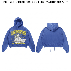 <b>500</b> <b>GSM</b> Soft Cotton Blend Fleece Washed Blue Cropped Pullover <b>Hoodie</b> Custom Graphic Print OEM Private Label - Product Image 1