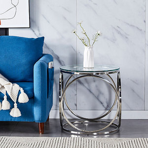 Mesa de Centro Redonda de Vidrio de Lujo con Marco de Anillo de Acero Inoxidable, Mesa de Centro Moderna Cromada para Sala de Estar, Muebles para el Hogar - Product Image 3