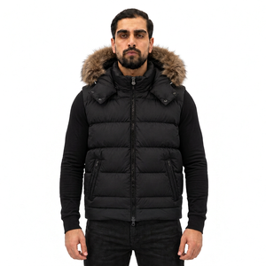 Men's Black <b>Hooded</b> Puffer <b>Jacket</b> <b>Fur</b> Trim Breathable Zipper Closure Windproof Cotton Filled Casual Streetwear Winter Wear - Product Image 1