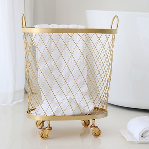 Modern <b>Gold</b> Metal Rolling Eco-Friendly Lightweight Laundry Basket Swivel Wheels Iron Laundry Hamper Hotel Bathroom Bedroom - Product Image 3