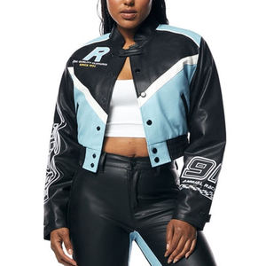 2026 Veste bomber de course en cuir végétalien sur mesure coupe courte, Pantalon taille haute, Broderie chenille bleue, Crop top femme, Veste universitaire en coton - Product Image 4