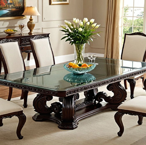 Juego de mesa de comedor europeo de madera oscura con tapa de cristal, base de pedestal con tallado en espiral y sillas color crema, disponible a precios de mayorista. - Product Image 1
