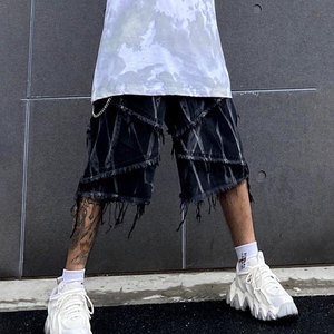 Pantalones Cortos de Algodón Rasgados de Cintura Alta para Hombre, Estilo Casual Urbano, Cintura Elástica, Aspecto Denim Tejido, Diseño Transpirable - Product Image 3