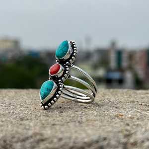 Bague artisanale en argent sterling 925 avec turquoise bleue et corail rouge, pierres multicolores, bijoux fantaisie en pierres précieuses opaques, vente en gros - Product Image 2