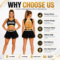 Ensemble soutien-gorge et jupe de cheerleading personnalisé noir et or avec strass AB, dos croisé en treillis et nœud, jupe à volants à 2 niveaux, 6 couleurs