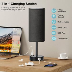 Lampada da Comodino Nera con 3 Livelli di Luminosità, Porte USB-C per Ricarica, Piccola Lampada da Tavolo con Presa AC, Nera - Product Image 1