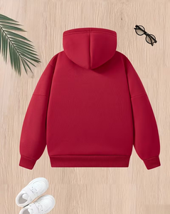 Red Hooded Fleece Breathable Sweatshirt for Children Casual Winter Wear Knitted Regular Sleeve Lined - Product Image 2