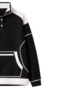 Sweat-shirt personnalisé noir et blanc pour femme, en molleton, à capuche, coupe oversize, col montant à boutons-pression, hiver, décontracté, avec poche zippée - Product Image 4