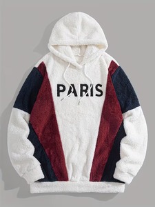 Mens <b>White</b> Colorblock Sherpa Fleece <b>Hoodie</b> PARIS Letter Print <b>Oversized</b> Fluffy Hooded Sweatshirt Warm Teddy Fleece <b>Hoodie</b> - Product Image 1