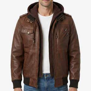 Veste en cuir marron premium pour homme, style motard vintage, coupe ajustée, en PU, avec capuche amovible, coupe-vent d'hiver - Product Image 1