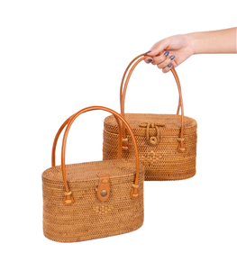 Vinagreen Handmade Rattan Handbag with Leather <b>Handle</b> Natural Woven Eco-Friendly Antique Imitation Fashion Bag - Product Image 1