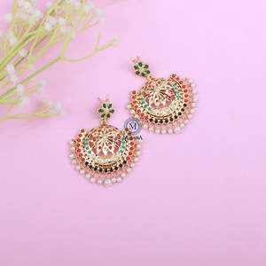 Irya Multi Jadau Designer Drop Hoop Earrings-14K Gold Pearl Diamond Ethnic Wedding Jewelry - Product Image 1