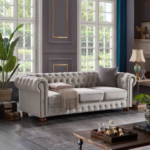 Divano Chesterfield in Tessuto di Lino Grigio Chiaro per Soggiorno - Product Image 2