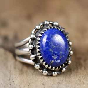 Bague en argent sterling faite à la main de style Boho vintage pour femmes bijoux de mode avec pierre précieuse Lapis Lazuli bleu - Product Image 1