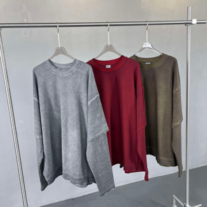 T-shirt décontracté à manches longues superposé, effet délavé, en jersey épais, tissu en coton texturé, maquette - Product Image 5