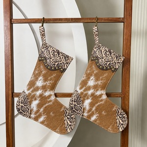 Rustic Product Christmas Occasion <b>Small</b> Stocking Hand <b>Tooled</b> Genuine Cowhide Leather Floral Embossed christmas Tree Accessories - Product Image 2