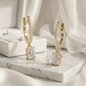 1.20 CTW <b>Emerald</b> and Round Cut Diamond Huggie Drop <b>Earrings</b> - Product Image 1