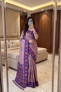 Sari indien ethnique jaune en soie douce non cousu, style Banarasi, imprimé Patola, pour mariage traditionnel indien et festivals - Product Image 5