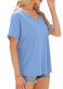 T-shirts en toile bleus de haute qualité pour femmes, respirants, anti-boulochage, col en V, manches courtes, grandes tailles, vêtements décontractés de marque - Product Image 2