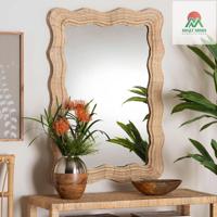 Espejo de Pared Estilo Boho, Tejido a Mano con Ratán Natural, Diseño Festoneado