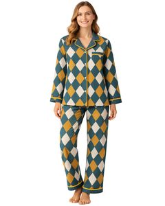 Ensemble de pyjama pour femmes personnalisé vert jaune argyle, manches longues, boutonné, vêtements de nuit en coton doux, ensemble de détente deux pièces - Product Image 1