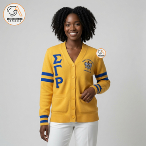 เสื้อสเวตเตอร์ไหมพรมแขนยาวสีเหลืองสำหรับผู้หญิง ยี่ห้อ Sigma Gamma Rho ผ้าฝ้าย 100% ระบายอากาศได้ดี คอวี ปักลาย สไตล์ Preppy - Product Image 4