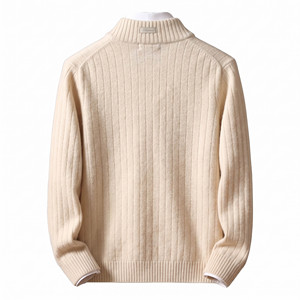 Cardigan en laine crème pour homme, fermeture éclair intégrale, col mandarin, manches classiques, couleur unie, tricot anti-boulochage, idéal pour l'hiver - Product Image 2