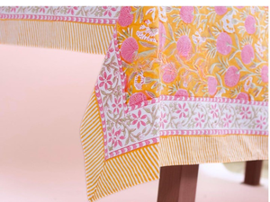 Hand Block Floral Printed Cotton Table Cover Sage and Russian Green Peanut Brown Round <b>Tablecloth</b> Table Cover Linen Set - Product Image 3