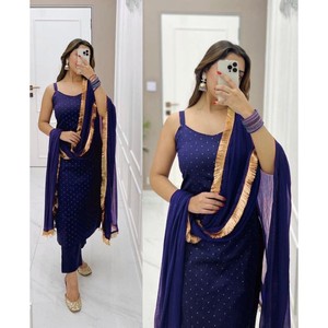 DESIGNER RAYON FOIL PRINT WORK KURTI BOTTOM AVEC DUPATTA BLUE - Product Image 1