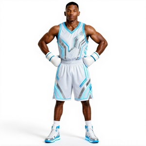 Ensemble de boxe : Débardeur bleu, short gris avec gants – Tenue d'entraînement durable toutes saisons - Product Image 2