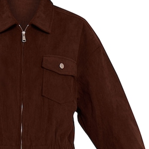 Blouson Bomber Unisexe Marron Foncé à Fermeture Éclair, Style Vintage Texturé, Col Montant, Veste Décontractée Urbaine avec Poches, Teint en Profondeur pour le Printemps - Product Image 4