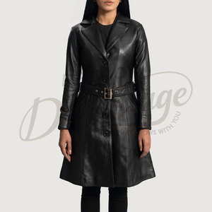 Premium <b>Women</b> <b>Black</b> Real Leather <b>Trench</b> <b>Coat</b> Classic <b>Long</b> Belted Sheepskin Overcoat Slim Fit Formal Leather Jacket - Product Image 3