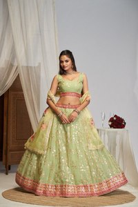 Robe ethnique en faux georgette vert clair, brodée et ornée de paillettes, pour femmes, pour Diwali, Eid, mariage, fête - Product Image 1