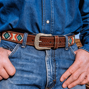Wholesale Western Leather <b>Belt</b> for Men Women Hand Tooled Basketweave Cowboy <b>Belt</b> with Multicolor Beads Engraved <b>Silver</b> <b>Buckle</b> - Product Image 4