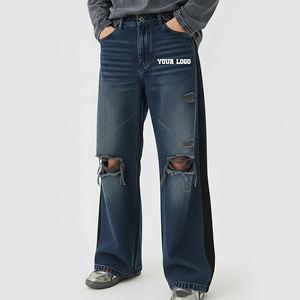 High Quality Custom made Blue Stone Washed Straight Leg Baggy Denim <b>Jeans</b> Oversize Street Style Casual Wear Ripped Off Pants - Product Image 1