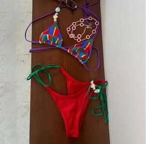 Ensemble de bikini rayé pour femme de qualité supérieure, haut triangle à col en V profond, bas string, décoration de perles, maillot de bain extensible - Product Image 6