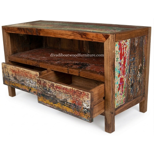 Mueble para TV DIVADI de Madera de Barco Reciclada, Sostenible, con 2 Cajones, Madera Sólida, Moderno, Unidad de Entretenimiento de Madera Reciclada, Soporte para Dispositivos Multimedia - Product Image 4