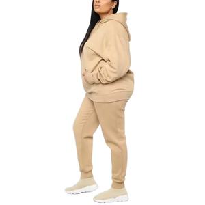 Personalizado de gran tamaño de 2 piezas de las mujeres conjunto bordado Drop-Shoulder Joggers pantalones sudadera Skinny Fit sudaderas con capucha en blanco 100% algodón - Product Image 4
