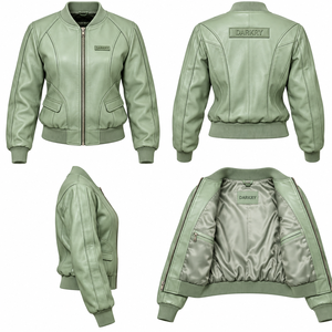 Chaqueta Bomber de Cuero Verde Salvia para Mujer con Bolsillos de Solapa y Ribete de Piel de Cordero Menta - Abrigo Personalizado para Exportación B2B - Proveedor de Ropa de Fábrica - Product Image 5