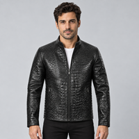 Veste en cuir véritable noir pour homme, texture croco gaufrée de qualité supérieure, col montant, fermeture éclair intégrale, coupe slim, style motard, vêtement d'extérieur tendance
