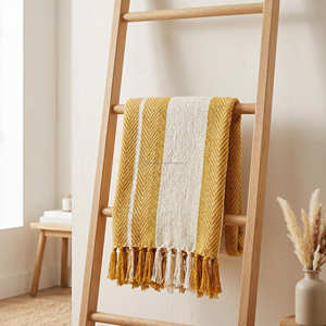 130x170 cm Mustard Check Slub Cotton Throw Blanket Handloom Woven Decorative Farmhouse <b>Bed</b> <b>Cover</b> Premium - Product Image 3