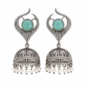 Vente en gros de boucles d'oreilles pendantes bohèmes pour femmes, plaquées argent antique, avec zircon et imitation perle, style Jhumka Bollywood, pour mariage, fournisseur en gros - Product Image 1