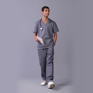 Men Gray Scrub Set V-Neck <b>Top</b> Pants Hospital Uniform Cotton Polyester Woven Needle Detection for 2026 - Product Image 6