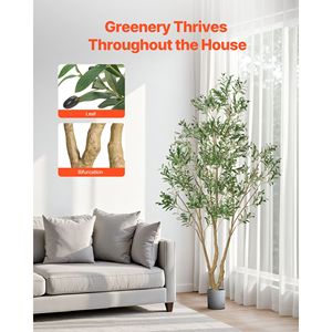 Arbre d'olivier artificiel de 8 pieds avec pot noir, faux arbre haut, tronc en bois naturel, feuilles vertes réalistes, fruits pour une utilisation en intérieur et en extérieur - Product Image 3