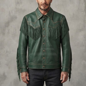 Chaqueta de cuero con flecos para hombre, estilo vaquero occidental, con patrones decorativos en relieve, para uso casual y al aire libre. - Product Image 3