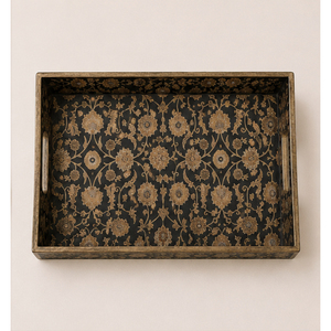 Handcrafted Set of 3 Decorative Wooden <b>Serving</b> <b>Trays</b> with Vintage Floral <b>Gold</b> & Black Design Rectangular Platters with Handles - Product Image 3