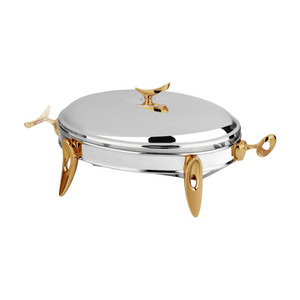 Plat à chafing ovale en métal argenté avec poignées découpées uniques, pieds courbés et couvercle assorti pour la restauration professionnelle et les mariages - Product Image 2